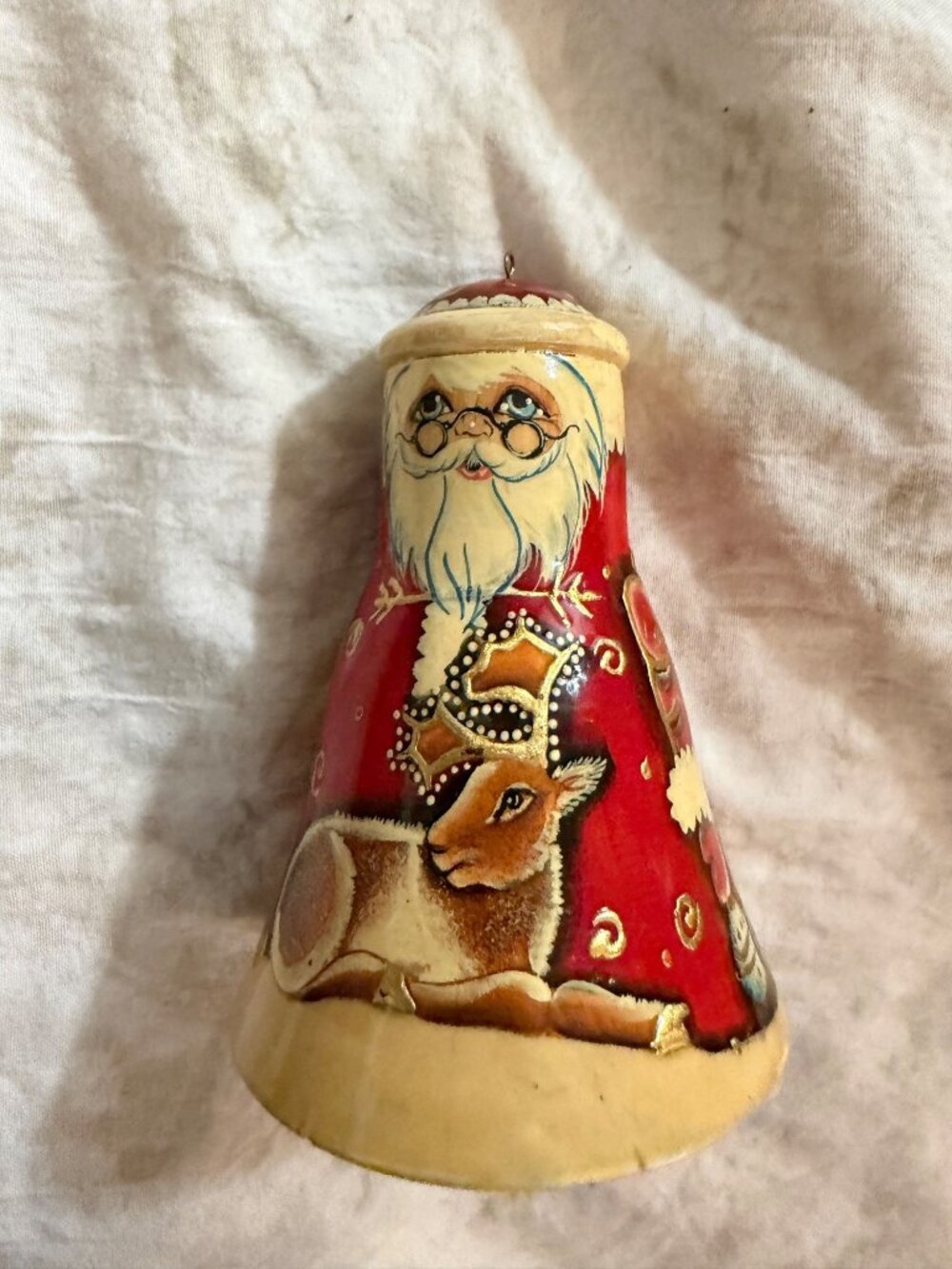 Puccha Hand-Painted  Santa Claus Bell Ornament With Reindeer & Christmas Tree